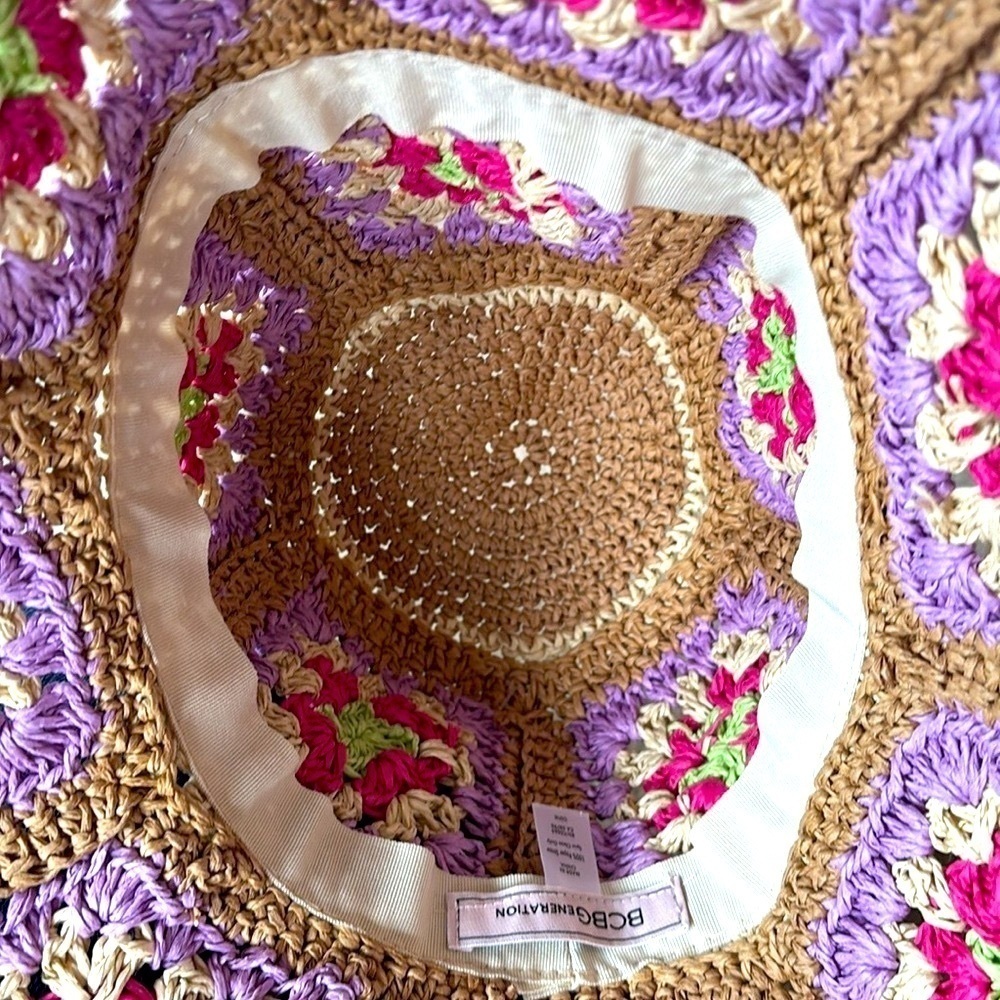 Brand New BCBGeneration Straw Woven Hat Crochet Patchwork Floral Floppy Beach - Picture 13 of 15